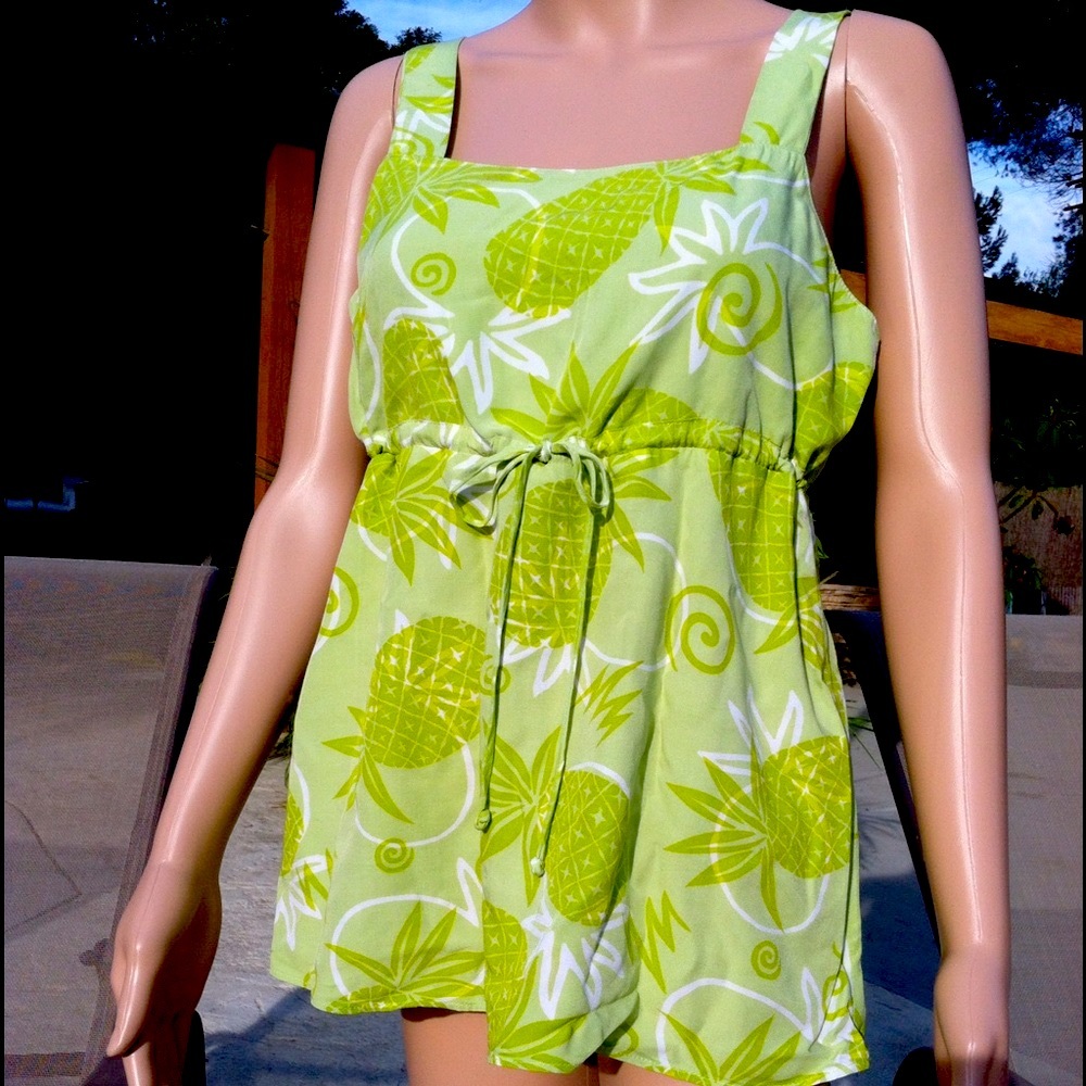 Blue Ginger Hawaii Pineapple Print Tank Top Spring Lime Green Rayon